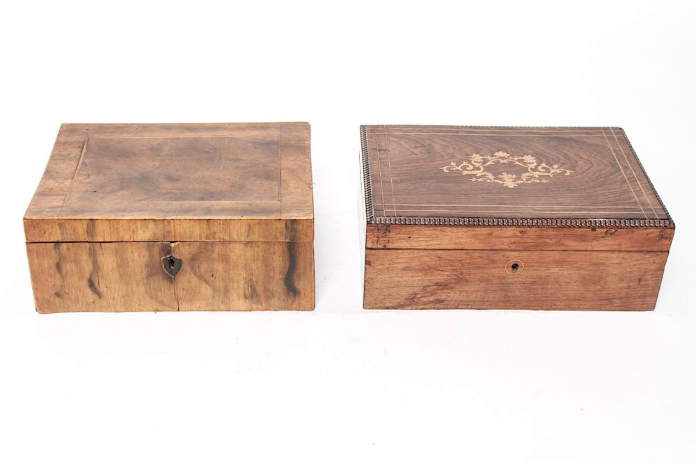 Appraisal: Wood Valuables Boxes one w Marquetry Antique Two antique wood