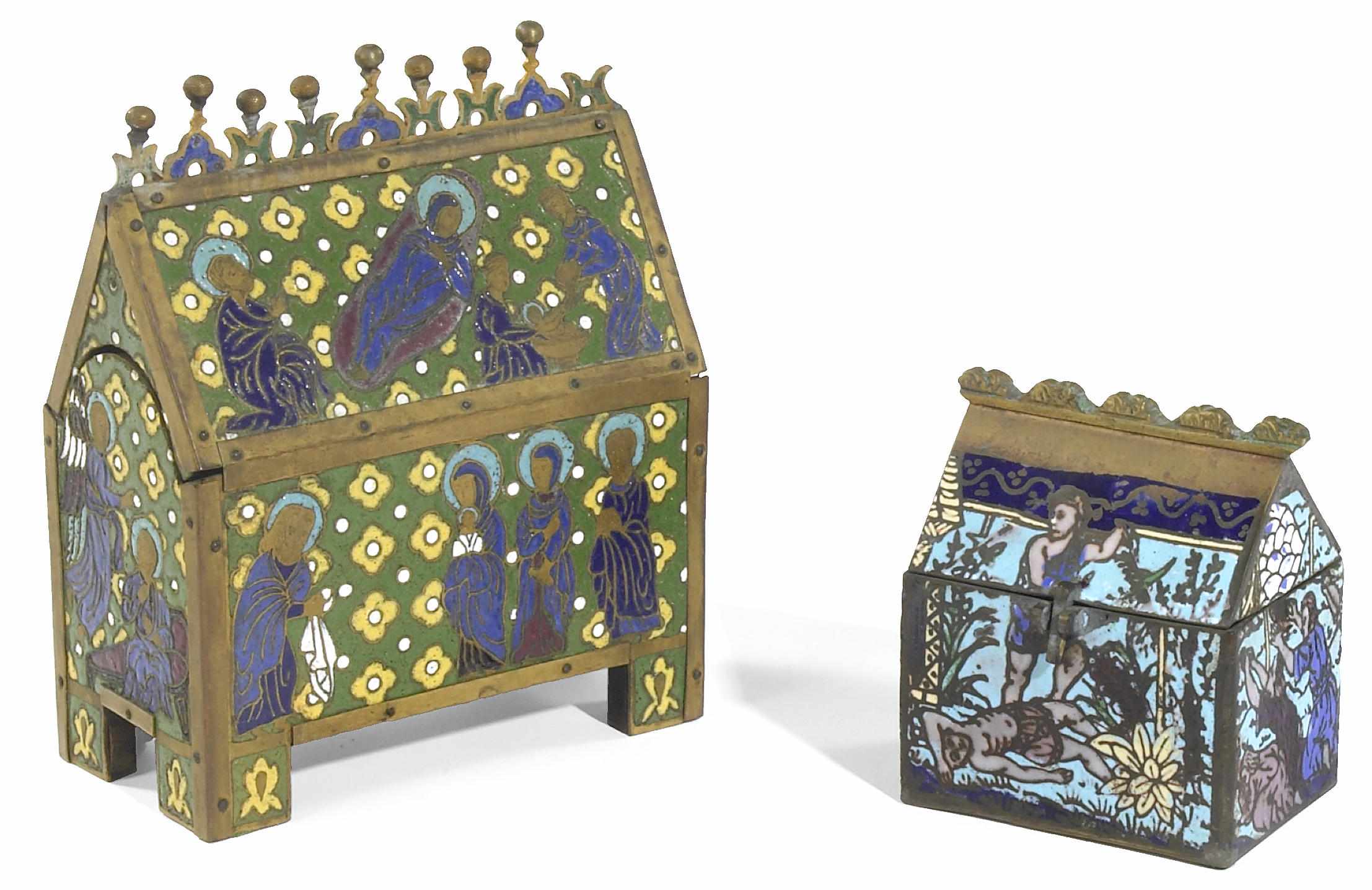 Appraisal: Two Gothic Revival brass and enamel caskets th century Each