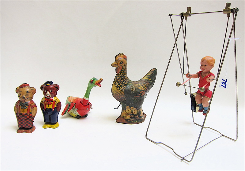 Appraisal: FOUR TINTYPE MECHANICAL TOYS AND ONE TIK-TAK ACROBAT TOY the