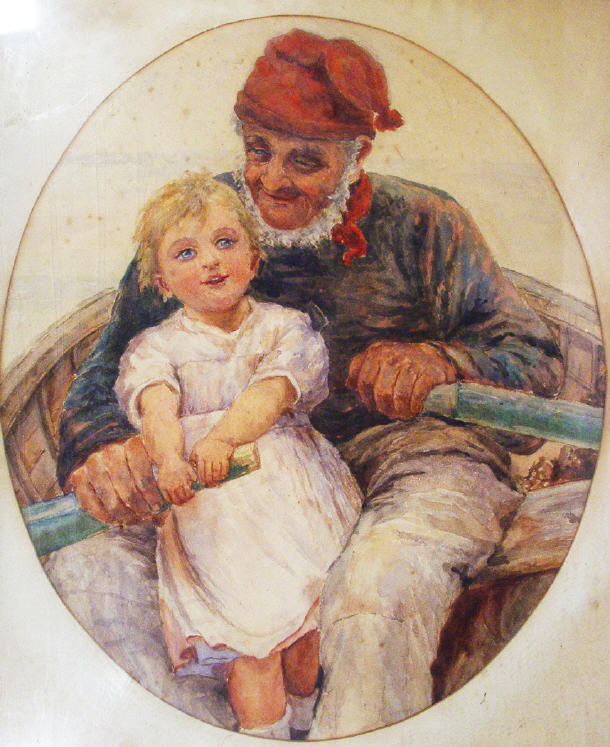 Appraisal: Oval watercolour of a young girl and fishermen in a