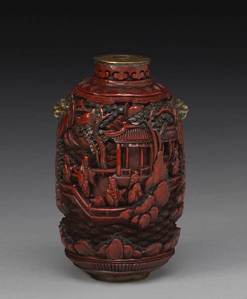 Appraisal: A cinnabar lacquer master snuff bottle Late Qing Its ovoid