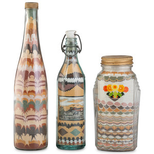 Appraisal: Three Geometric Sand Art Bottles th Century Height of largest