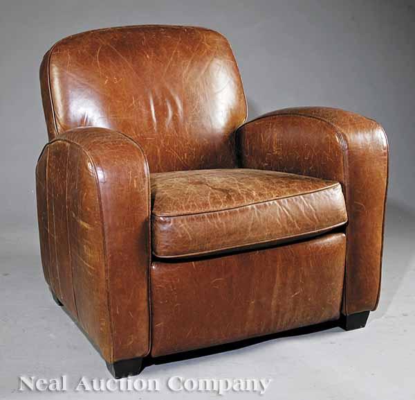 Appraisal: A Vintage Art Deco-Style Leather Reclining Club Chair tobacco leather