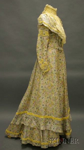 Appraisal: Late th Century Floral Printed Silk and Lace Embellished Two-piece