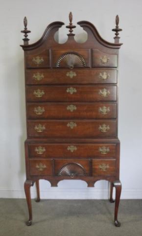 Appraisal: Kindel Queen Anne Style Mahogany Bonnet Highboy Nice quality with