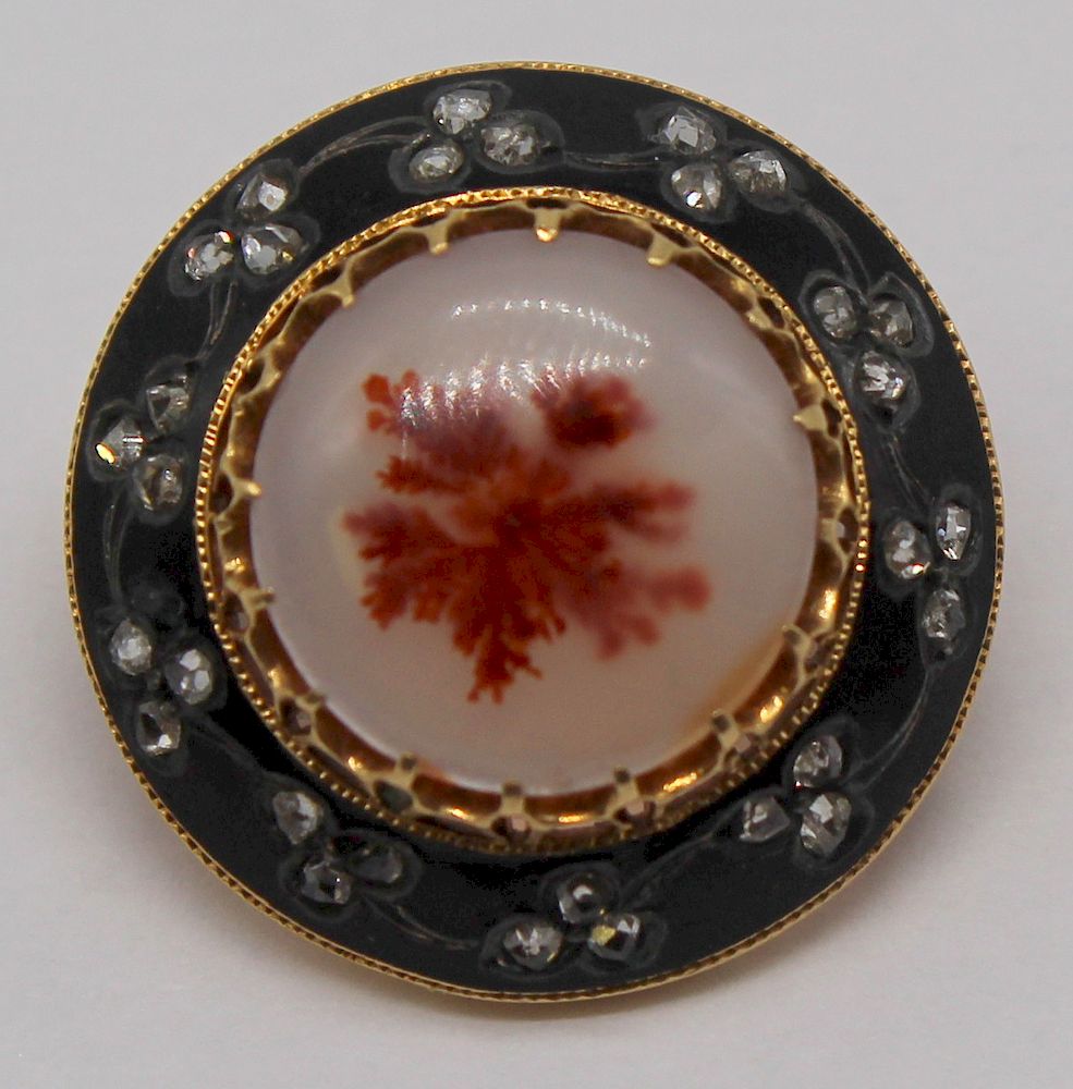 Appraisal: JEWELRY Victorian kt Gold Diamond Moss Agate and Enamel Brooch