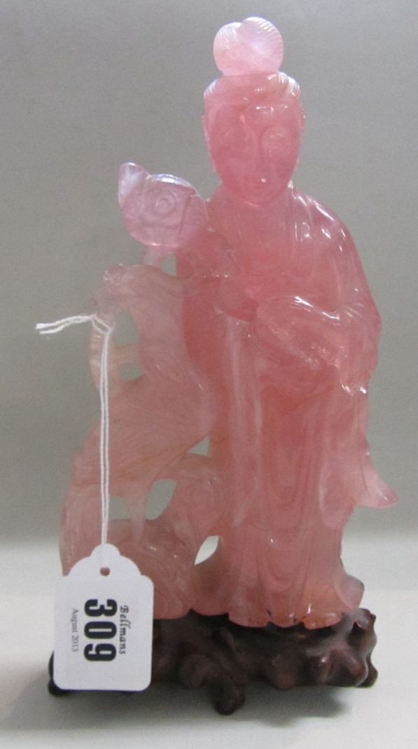 Appraisal: A Chinese rose quartz figure of Guanyin late th th