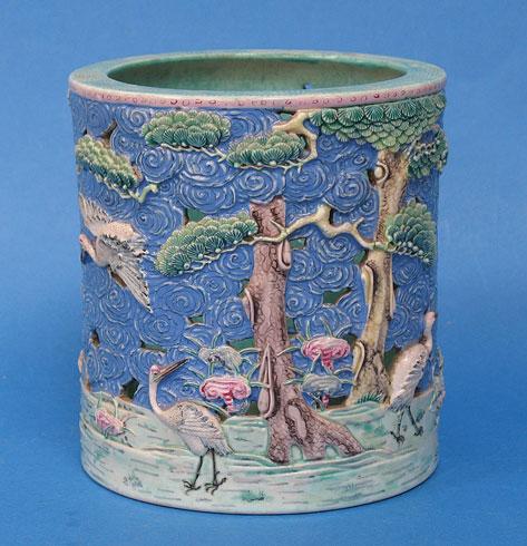 Appraisal: A CHINESE RETICULATED VASE of cylindrical form decorated with storks