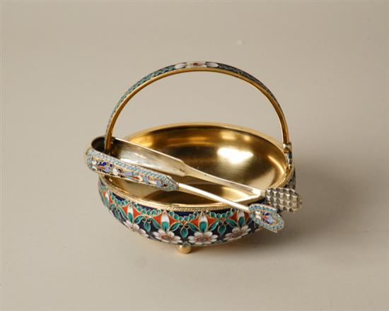 Appraisal: A Pre-Revolution Russian Enameled Sterling Sugar Basket with Tongs the