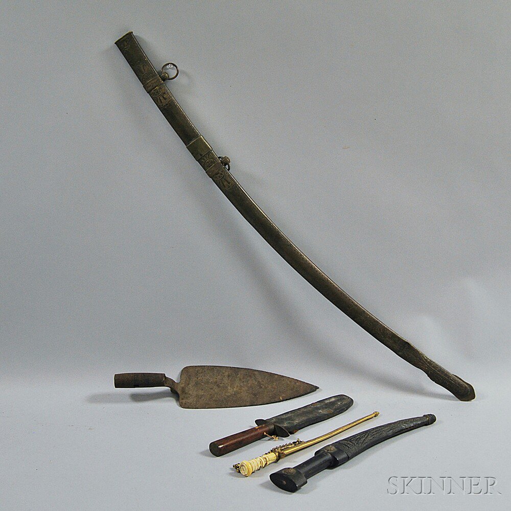 Appraisal: Five Weaponry Items three daggers with leather and metal scabbards