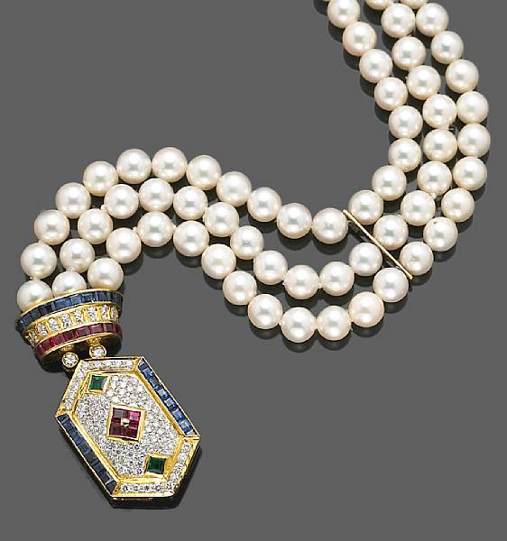 Appraisal: A cultured pearl diamond and gem-set necklace cultured pearls measuring