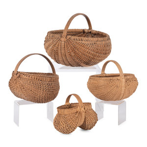 Appraisal: Four Woven Buttocks Baskets American th Century Height of largest