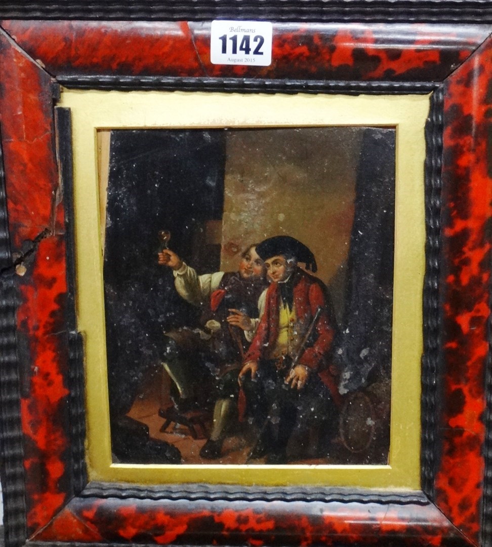 Appraisal: Continental School th century Drinking companions oil on metal cm