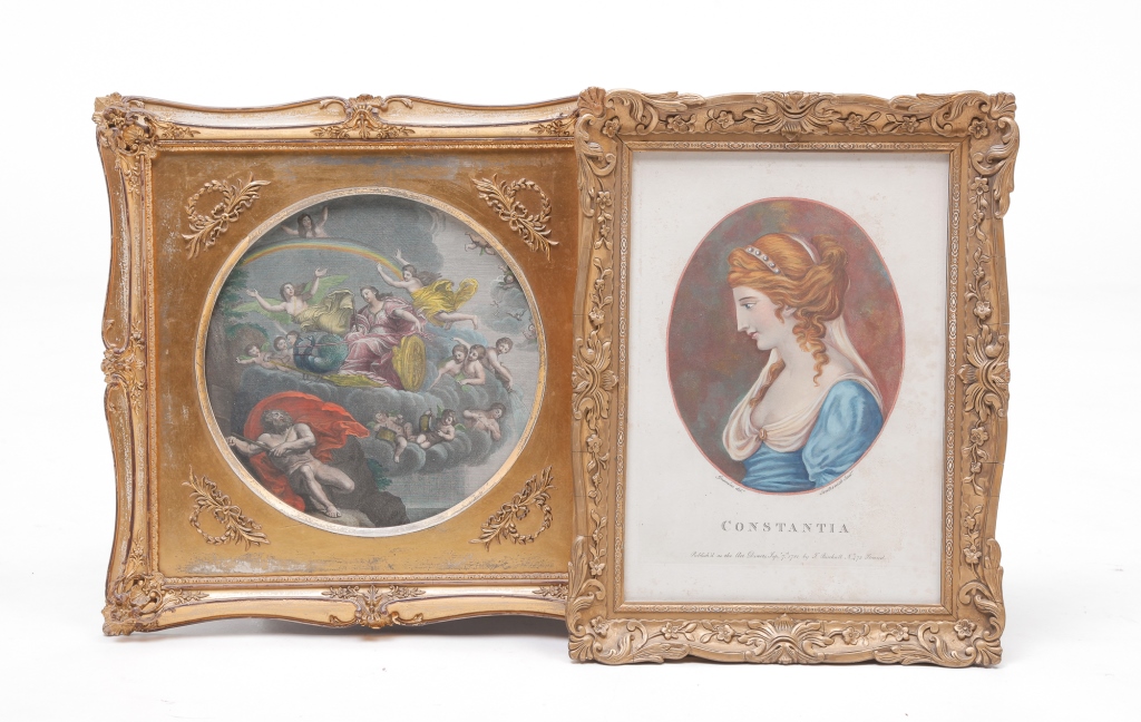 Appraisal: TWO HANDCOLORED ENGRAVINGS European late th century Hand colored classical