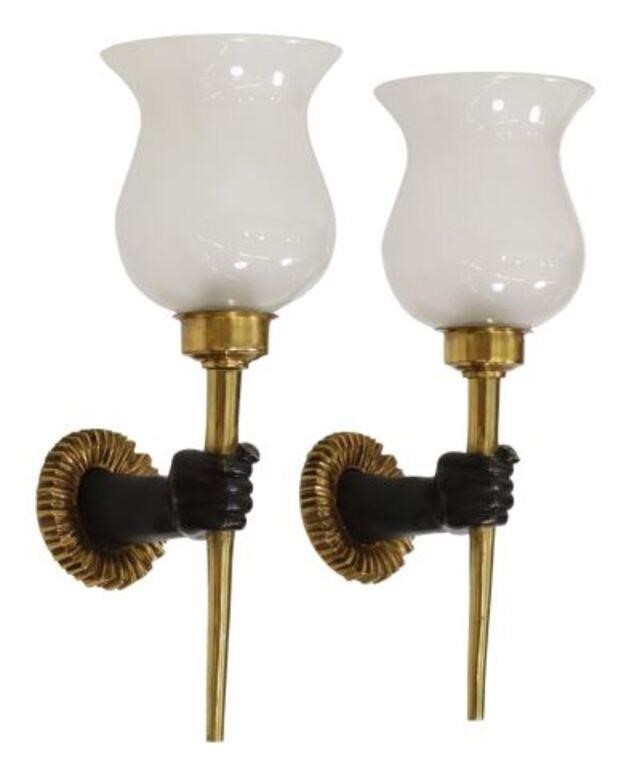 Appraisal: pair French Blackamoor gilt and painted metal single-light wall sconces