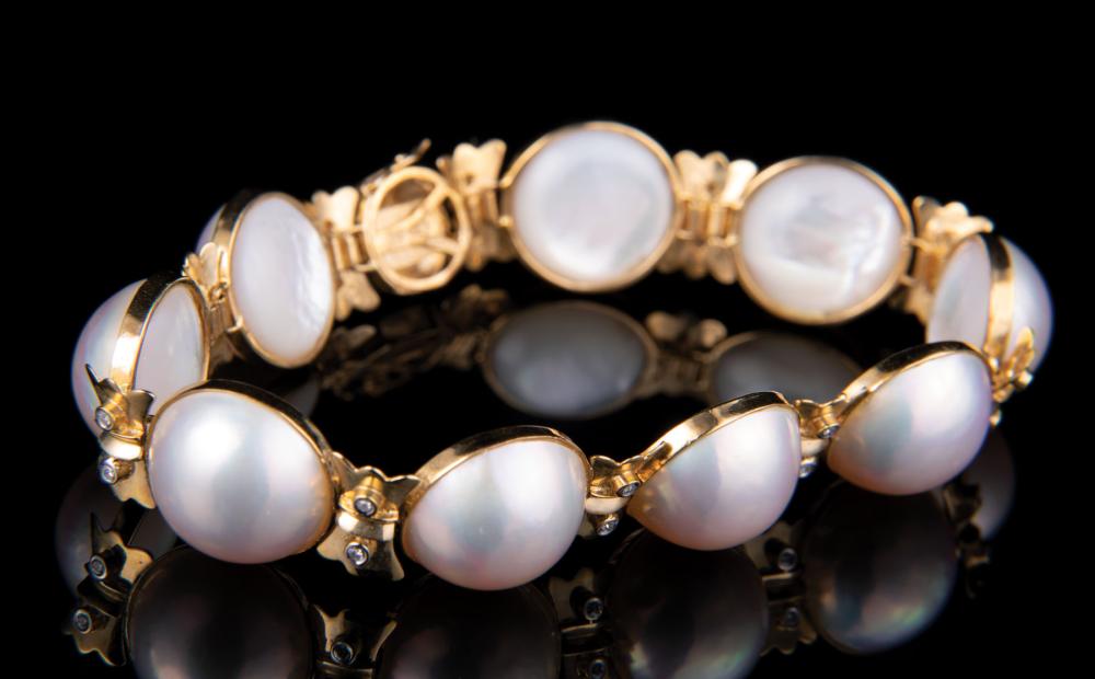 Appraisal: kt Yellow Gold Mab Pearl and Diamond Flexible Bracelet Please