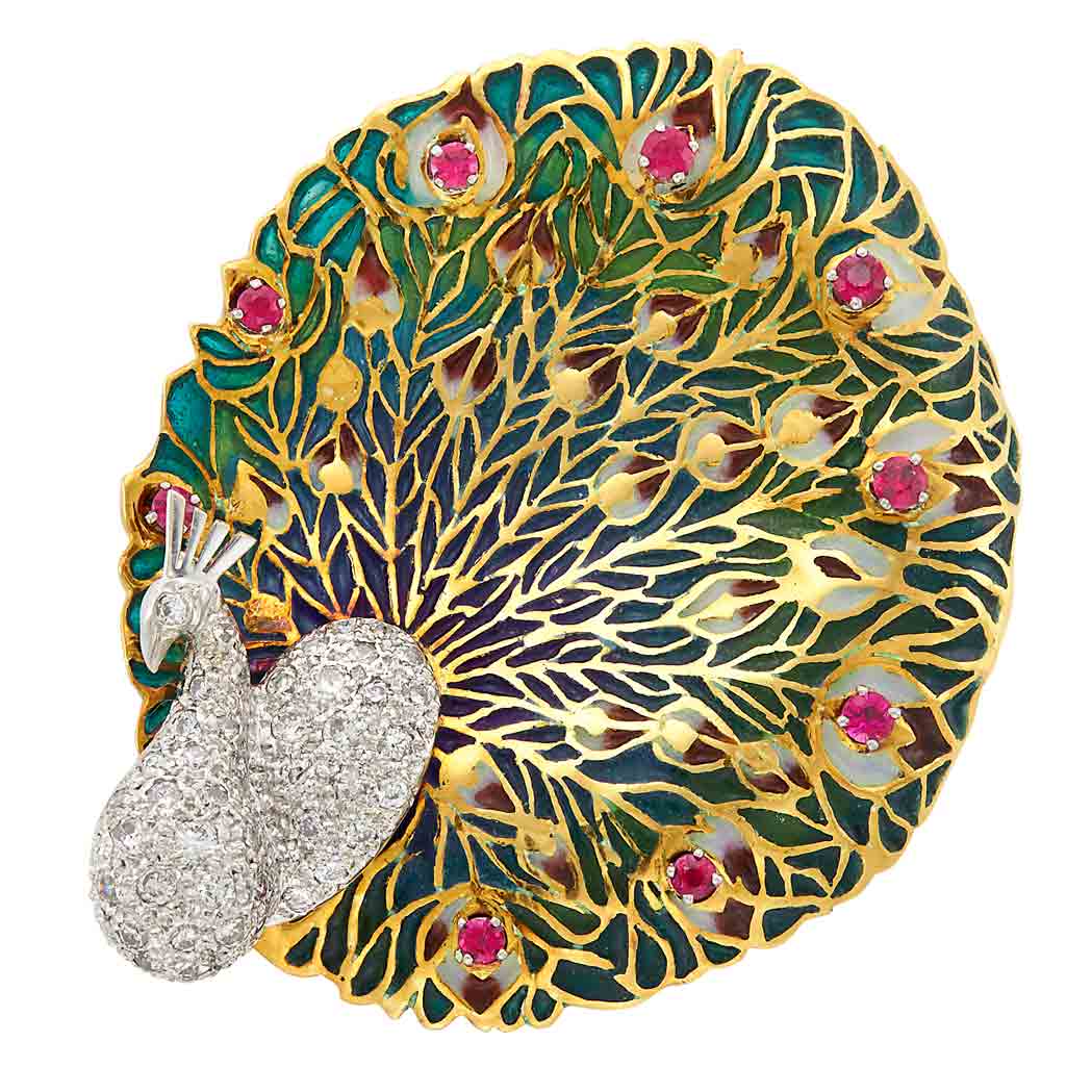 Appraisal: Two-Color Gold Plique-a-Jour Enamel Diamond and Ruby Brooch kt yellow