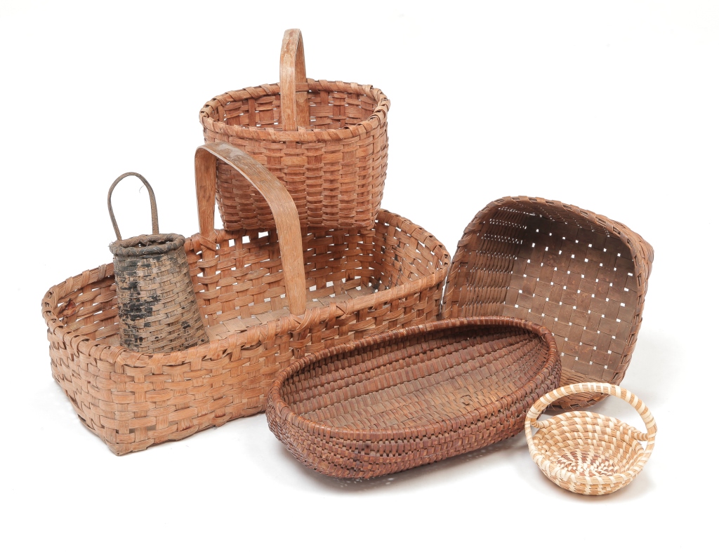 Appraisal: SIX AMERICAN BASKETS Twentieth century Five woven splint Oblong melon