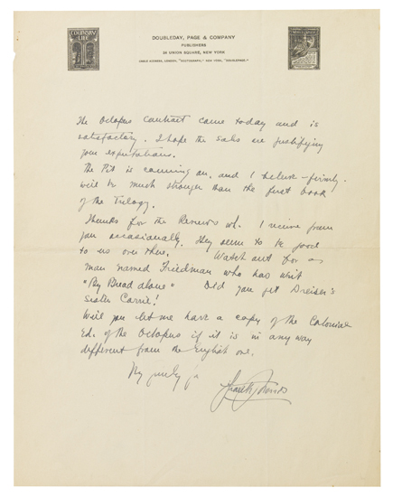 Appraisal: NORRIS FRANK Autograph Letter Signed to his publisher My dear