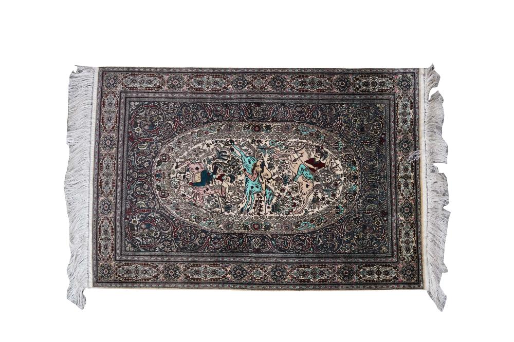 Appraisal: PERSIAN PICTORIAL RUGsilk depicting a hunting scene ' x '