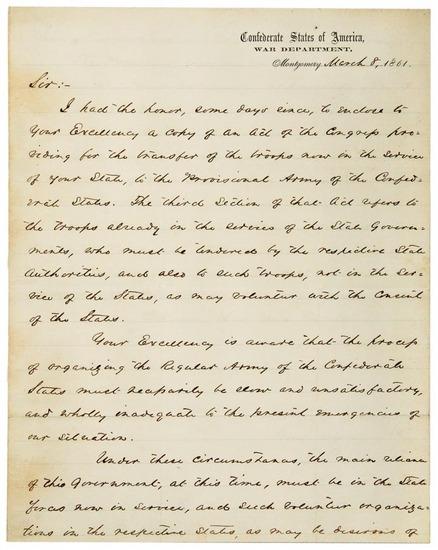 Appraisal: GEORGIA - Leroy Pope WALKER Letter signed as Confederate Secretary