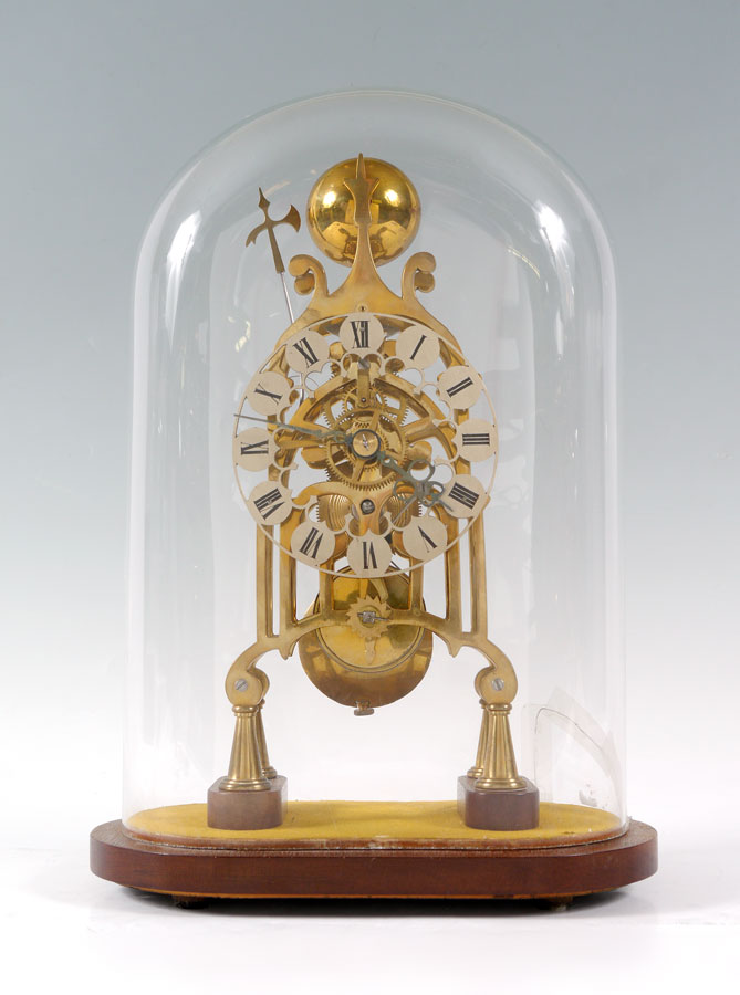 Appraisal: VICTORIAN SKELETON CLOCK UNDER GLASS DOME Most likely English single