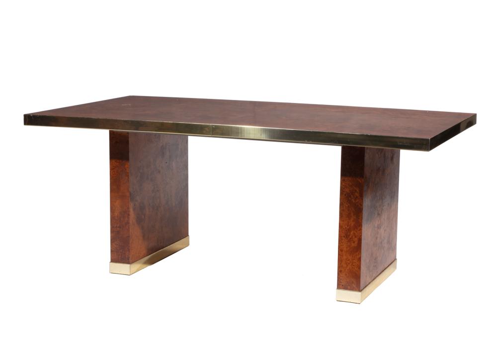 Appraisal: Pierre Cardin Brass-Mounted Burl Wood Dining Table signed rectangular top