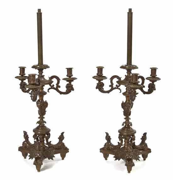 Appraisal: A Pair of Neoclassical Bronze Three-Light Candelabra each having a