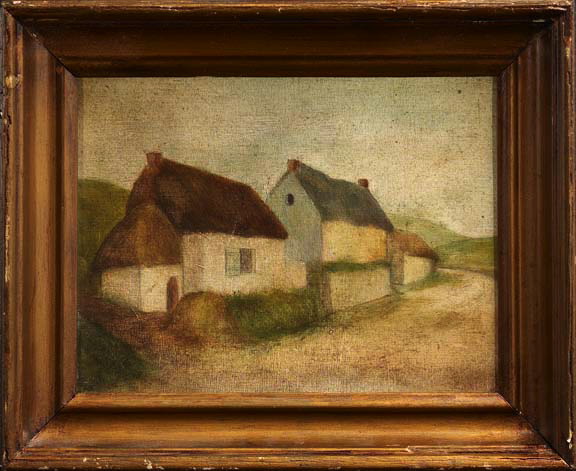 Appraisal: German School First Quarter th Century Cottage-Lined Path oil on