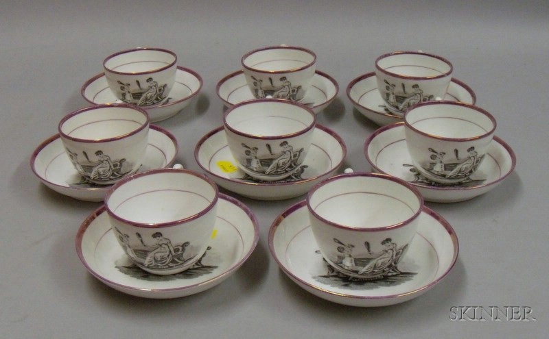 Appraisal: Set of Eight English Pink Lustre and Transfer Mother and