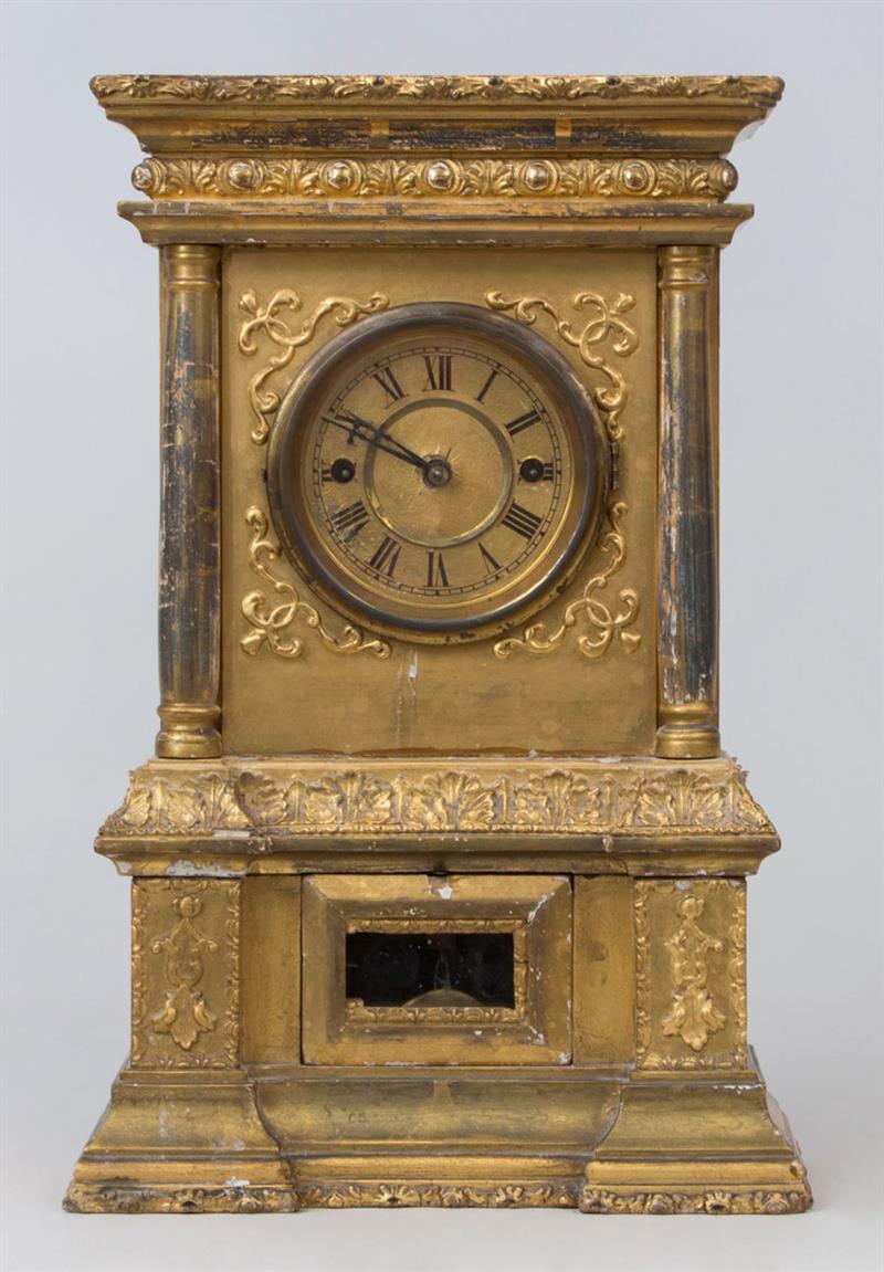 Appraisal: AMERICAN GILTWOOD MANTEL CLOCK Unsigned the movement with cast-iron frame