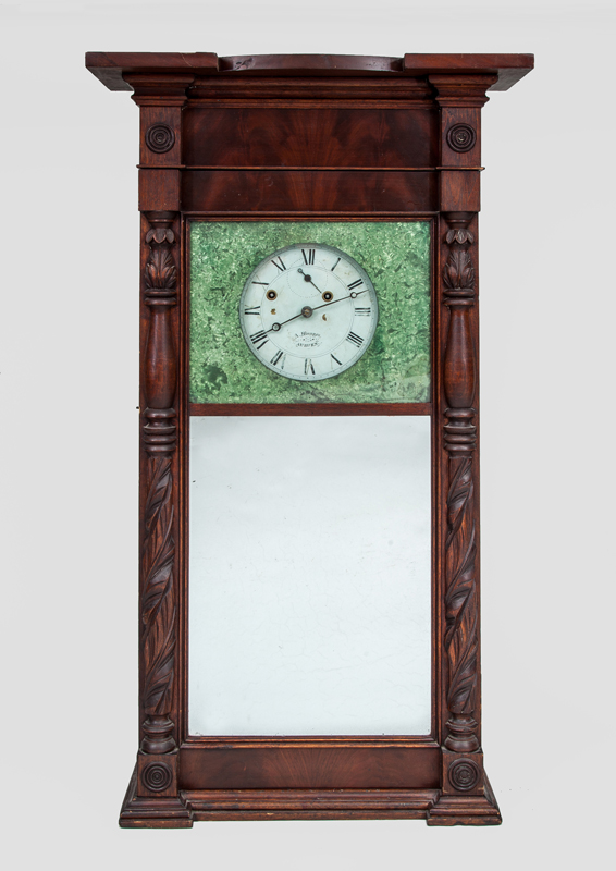 Appraisal: AMERICAN CARVED MAHOGANY SHELF MIRROR CLOCK ASA MUNGER With painted