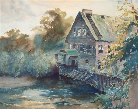 Appraisal: American School circa House on a River watercolor on paper