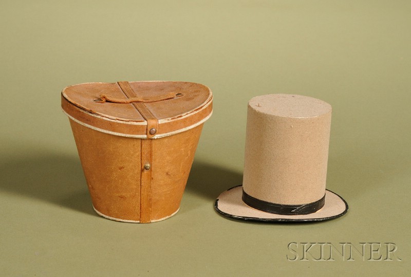 Appraisal: Miniature Top Hat with Hatbox c the tan flocked top