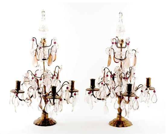 Appraisal: Pair bronze and crystal four-light candelabra early th century baluster