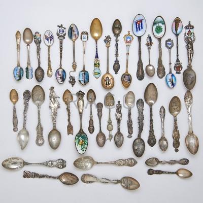 Appraisal: THIRTY-NINE SILVER SOUVENIR SPOONS Enameled spoons includes ships Indians yacht