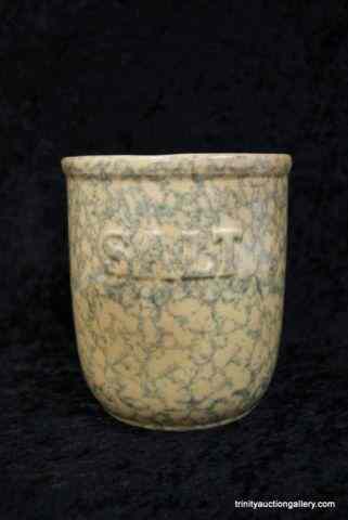 Appraisal: Vintage Green Spongeware Salt CanisterMade of glazed crock pottery and