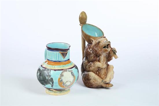 Appraisal: TWO MAJOLICA PITCHERS English nd half- th century Figural bear