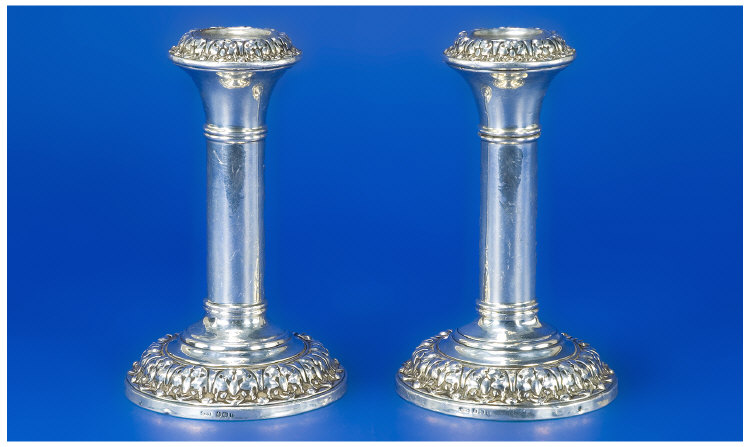 Appraisal: Pair Of Silver Table Candle Sticks With Corinthian columns and