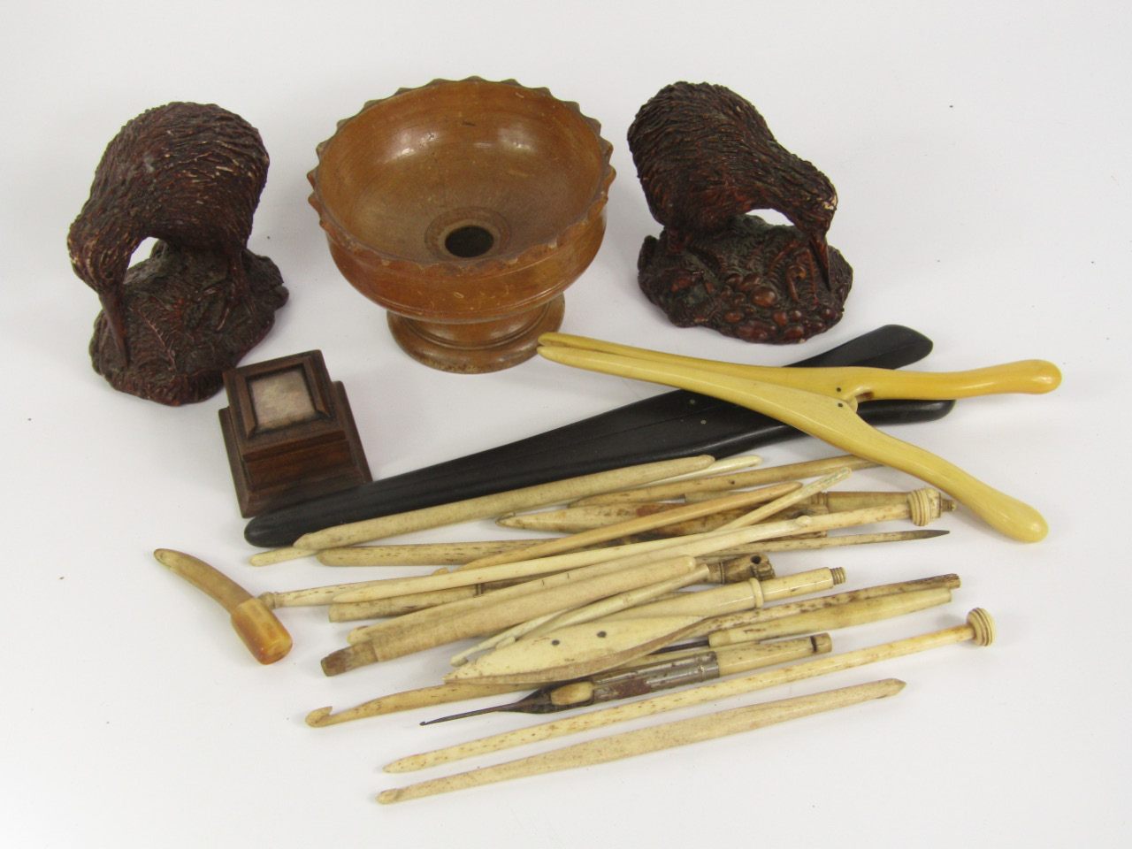 Appraisal: Victorian bone crochet hooks further bone implements ivory and ebony