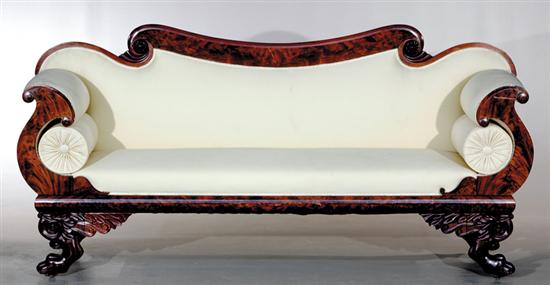 Appraisal: American Empire carved mahogany sofa circa scrolling padded back installed