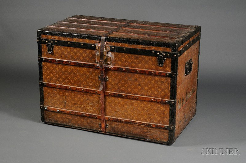 Appraisal: Louis Vuitton Wood-strapped and Leather Covered Steamer Trunk early th