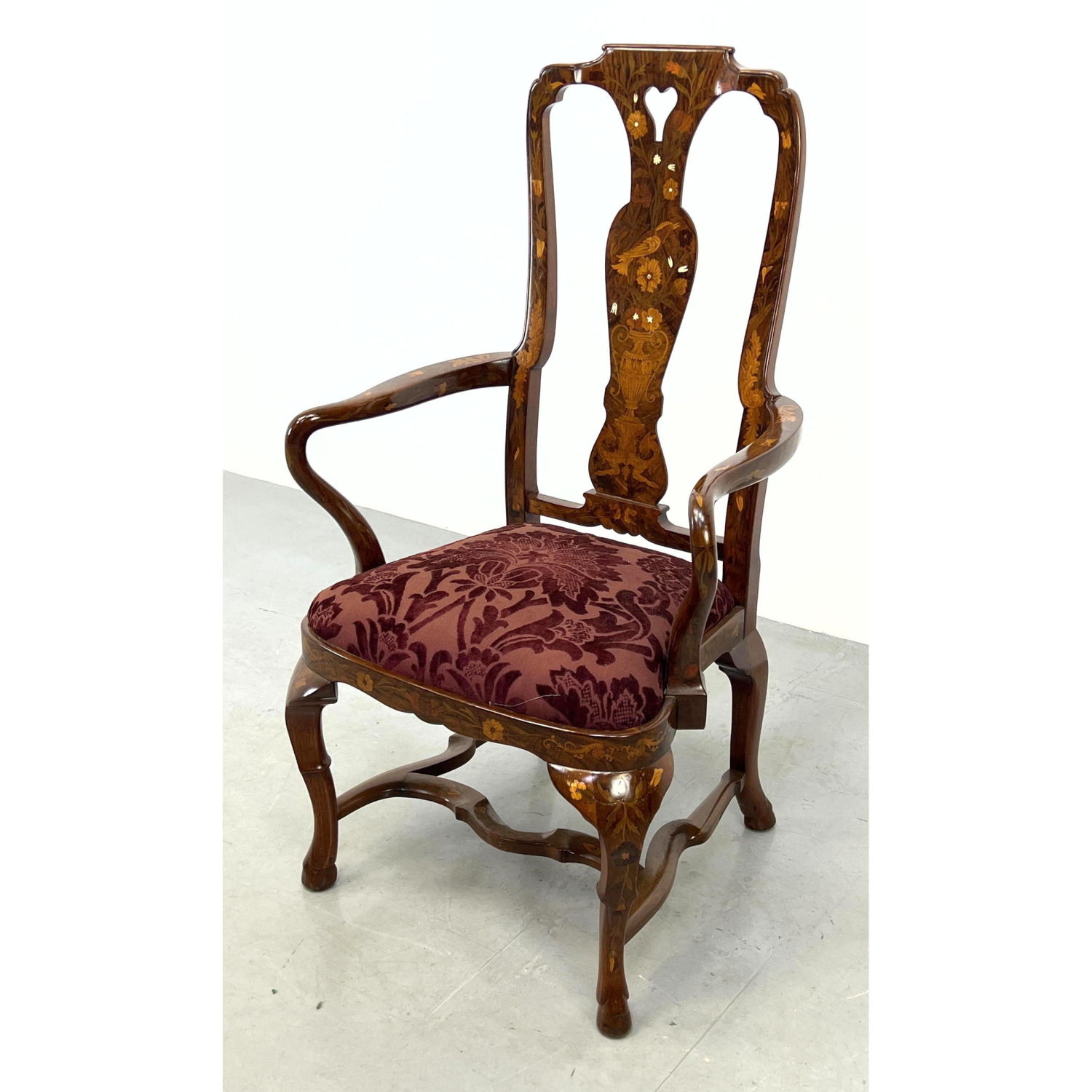 Appraisal: Elaborate Dutch Marquetry Arm Chair Floral decoration with birds Dimensions