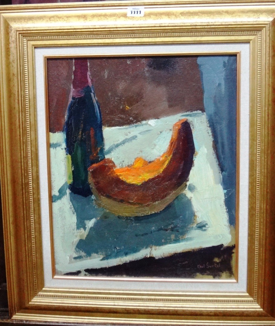 Appraisal: Paul Surtel - Still life of bottle and melon segment