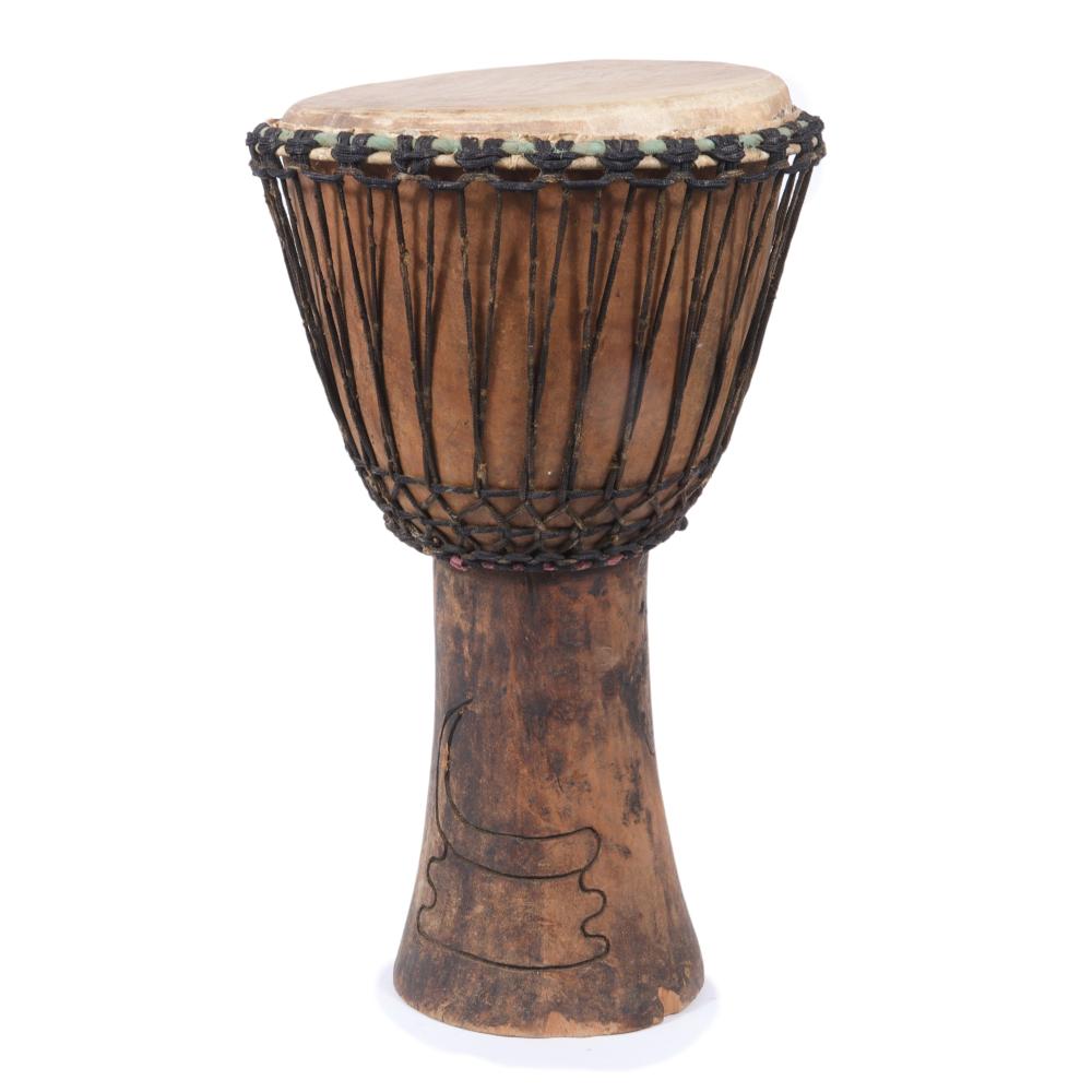 Appraisal: AFRICAN TRIBAL DJEMBE DRUM WITH HIDE COVER WEBBED CORDING AND