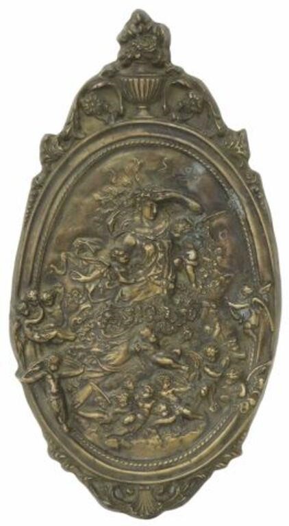 Appraisal: Large Neoclassical patinated bronze relief plaque female figure surrounded by