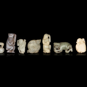 Appraisal: Eight Chinese Jade Carvings of Monkeys comprising two white jade