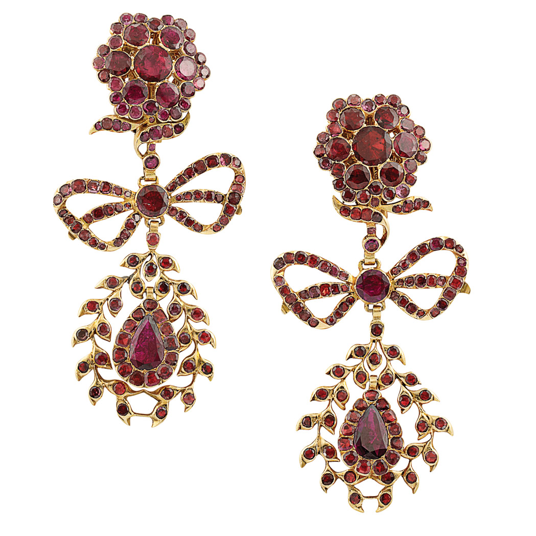 Appraisal: Pair of Gold and Foiled-Back Garnet Pendant-Earrings Topped by pierced