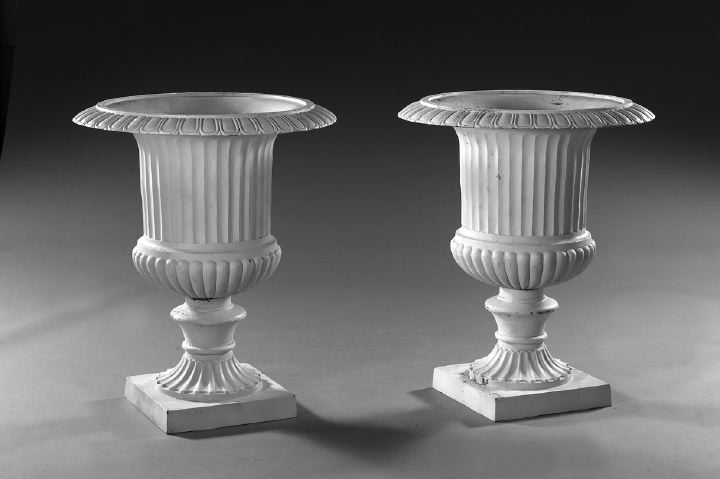 Appraisal: Large Pair of Polychromed Cast-Iron Garden Urns-on-Stands of campana form