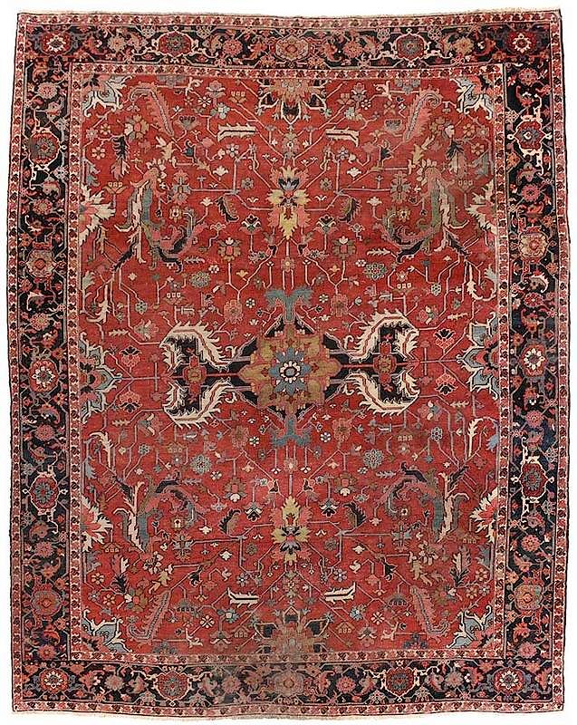 Appraisal: Serapi Room Size Carpet th century red field stylized geometric